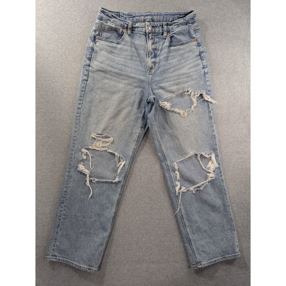 American Eagle Jeans Womens Size 12 Blue Destressed Curvy 90s Straight Whiskers